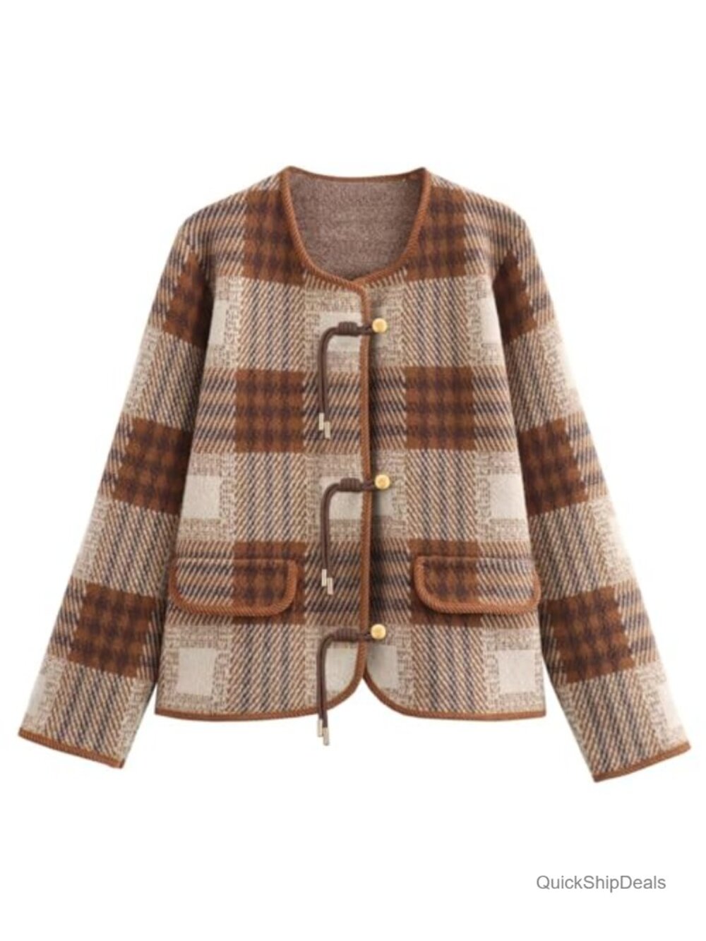 HOULENGS Womens Vintage Button Down Plaid Cardigan Sweater Long Sleeve Knit